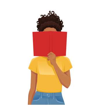 Young woman reading hiding behind book isolated vector illustration