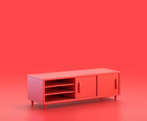 monochrome red TV Stand furniture in red background,single color3d Icon,single color, 3d rendering