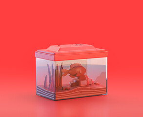 monochrome single red color fish tank 3d Icon in red background,single color, 3d rendering