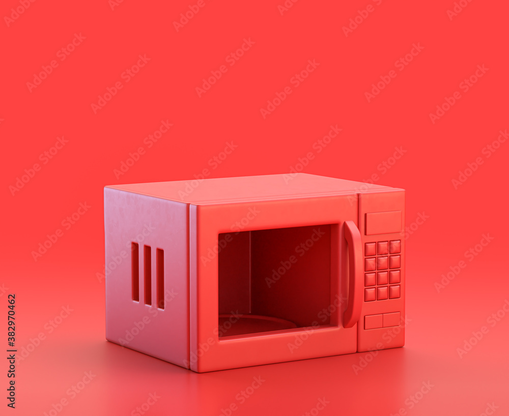 Poster monochrome single red color microwave in red background,single color, 3d icon, 3d rendering
