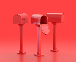 monochrome single red  color outdoor mailbox  in red background,single color, 3d Icon, 3d rendering