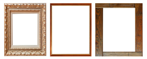 Set of gilded antique picture frames isolated on white background.