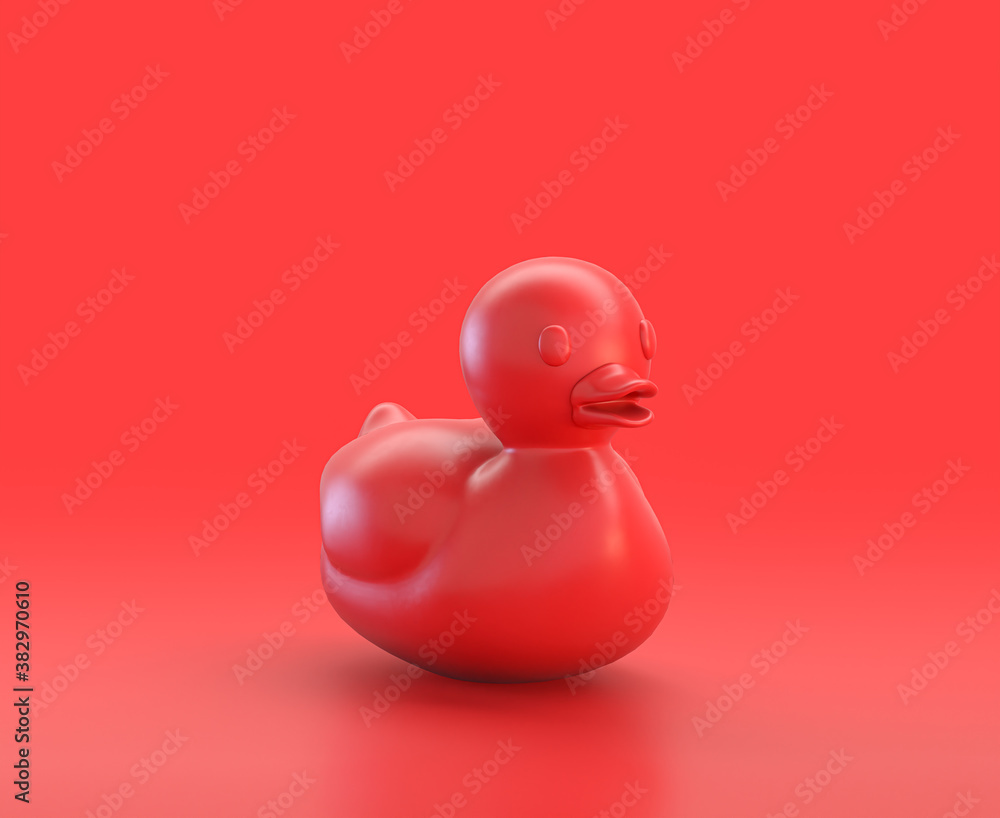 Poster monochrome single red color rubber ducky in red background,single color, 3d icon, 3d rendering