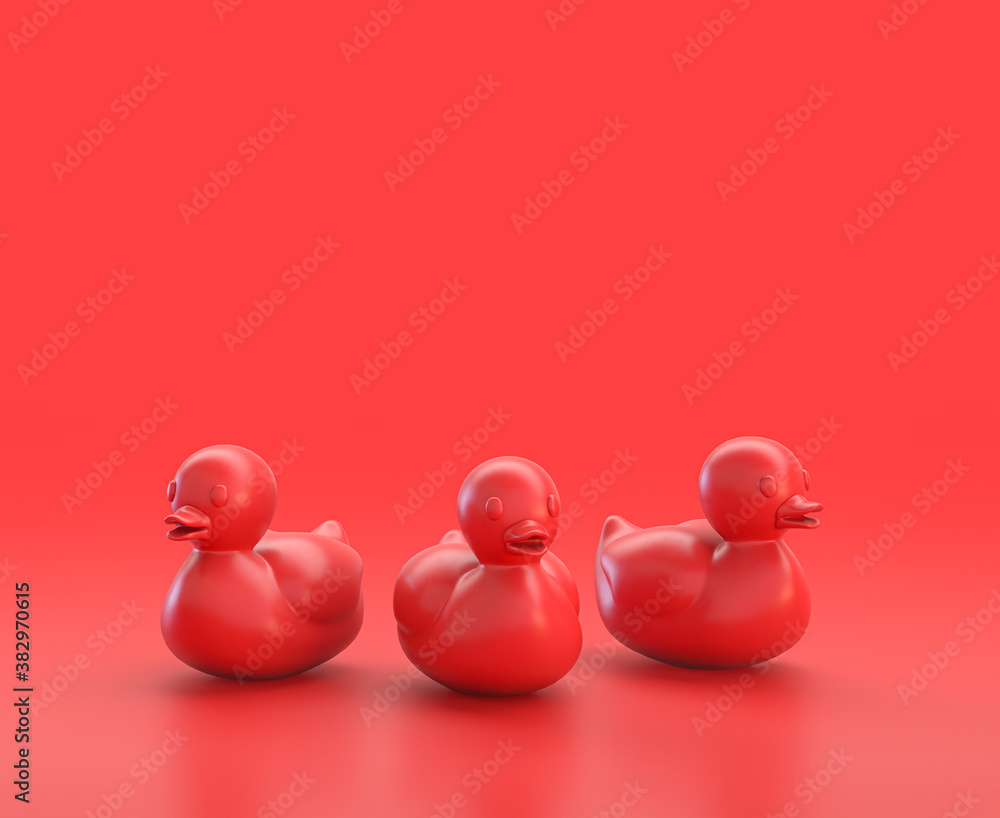 Poster monochrome single red color rubber ducky in red background,single color, 3d icon, 3d rendering