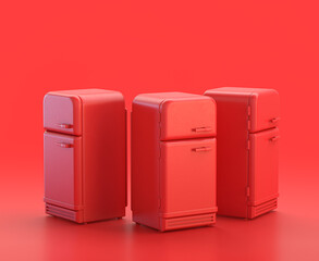 monochrome single red  color vintage refrigerator,  in red background,single color, 3d Icon, 3d rendering