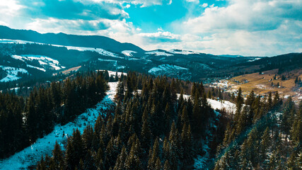 Carpathian mountain range panorama winter aerial view beautiful view