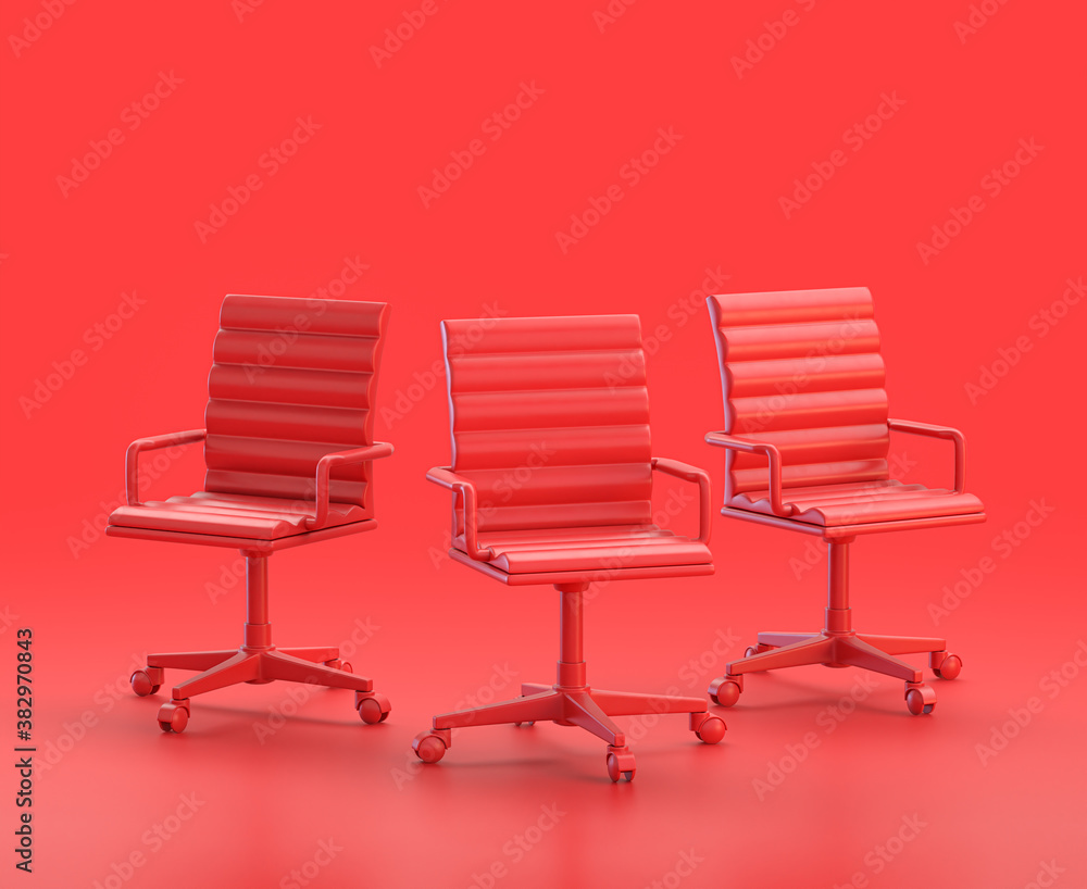 Poster office chair with monochrome single red color in red background,single color, 3d icon, 3d rendering