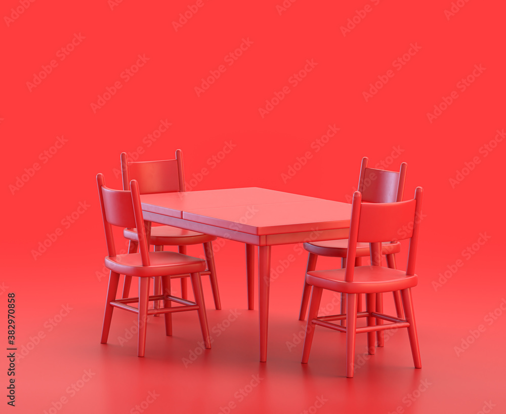 Poster monochrome single red color dinner table in red background,single color, 3d icon, 3d rendering