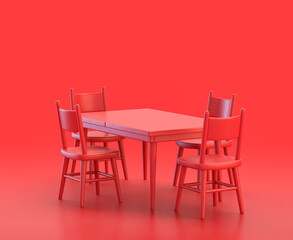 monochrome single red  color dinner table in red background,single color, 3d Icon, 3d rendering