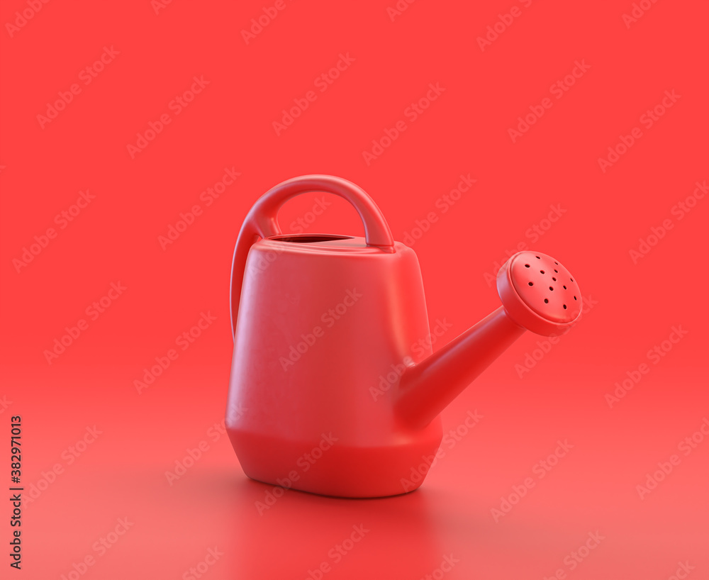Poster monochrome single red color watering can in red background,single color, 3d icon, 3d rendering