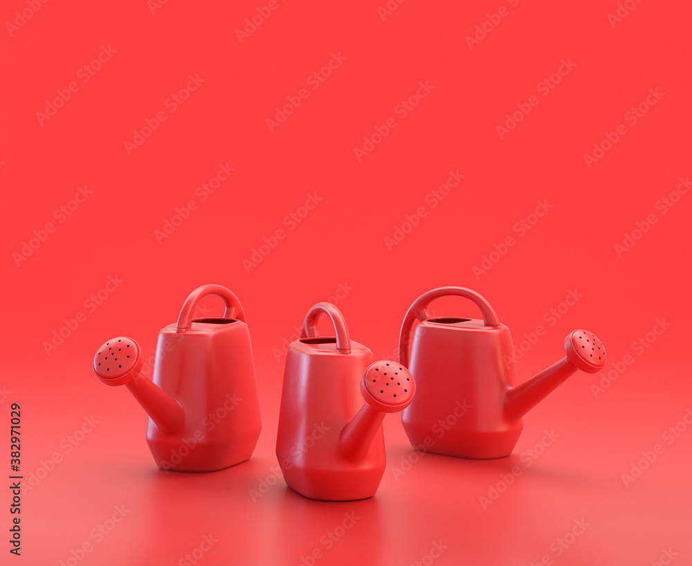 Poster monochrome single red color watering can in red background,single color, 3d icon, 3d rendering