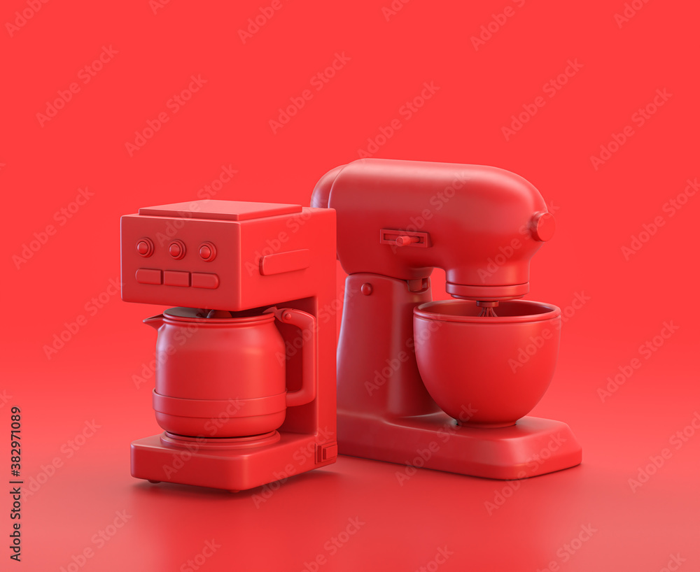 Poster mixer and coffee maker in red background, monochrome single color red 3d icon, 3d rendering
