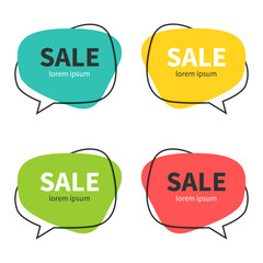 Set of flat speech bubble shaped banners, price tags, stickers, badges. Vector illustration.