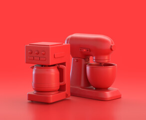 Mixer and coffee maker in red background, monochrome single color red 3d Icon, 3d rendering