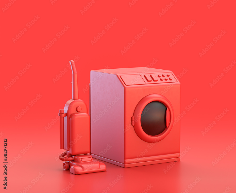 Poster washing machine and hoover in red background, monochrome single color red 3d icon, 3d rendering