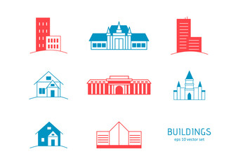 Naklejka premium Buildings - vector icons set on white background. Symbol for web, infographics, print design and mobile UX/UI kit. Vector illustration, EPS10.