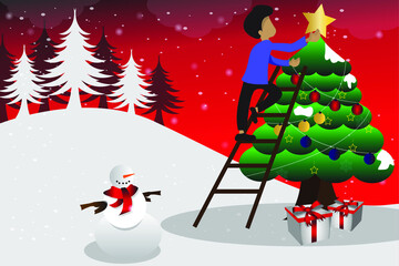 vector christmas tree and snowman illustration