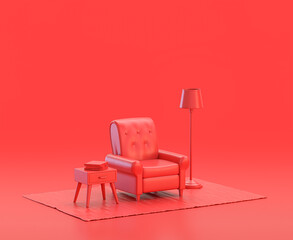 miniature interior room with sofa in red background, monochrome single color red 3d Icon, 3d rendering