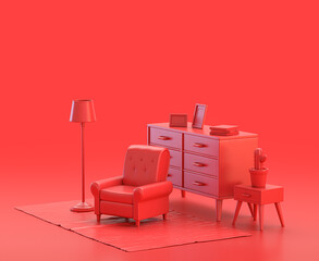 miniature interior room with sofa in red background, monochrome single color red 3d Icon, 3d rendering