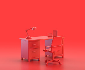office room with desk and chair in red background, monochrome single color red 3d Icon, 3d rendering