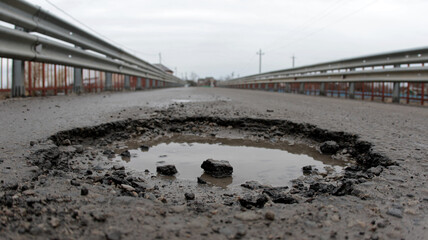 Waterfilled pothole on asphalted road. Russia, Rostov region.