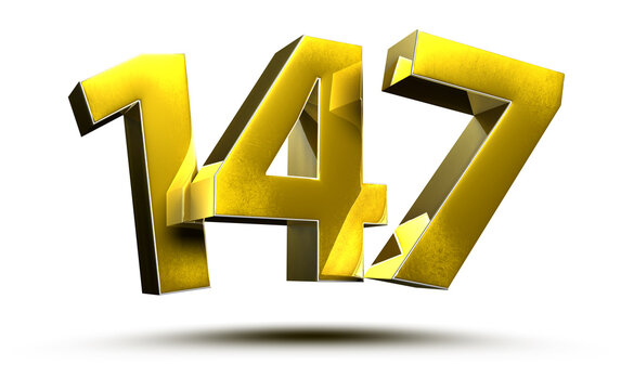 Gold numbers 147 isolated on white background illustration 3D rendering.(with Clipping Path).