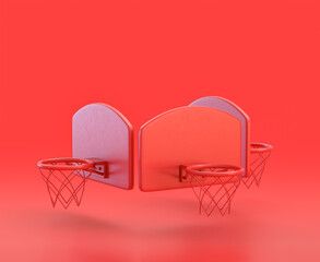 monochrome single color red 3d Icon, a group of basketball hoop in red background,single color, 3d rendering