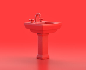 monochrome single color red 3d Icon, a  bathroom sink in red background,single color, 3d rendering