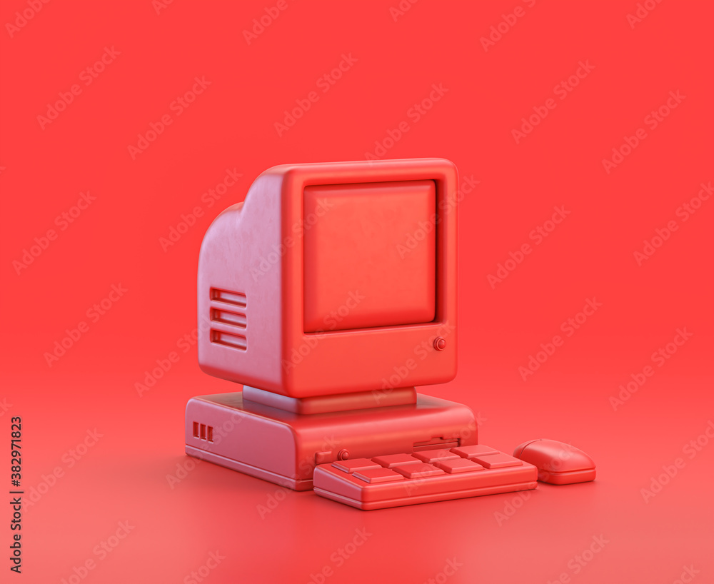 Fototapete monochrome single color red 3d icon, an old computer with keyboard and mouse in red background,singl