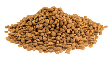 Food for animals isolated white background. Dry cat and dog food texture. Pet meal background close up