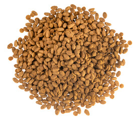 Food for animals isolated white background. Dry cat and dog food texture. Pet meal background close up