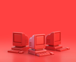 monochrome single color red 3d Icon, an old computer with keyboard and mouse in red background,single color, 3d rendering