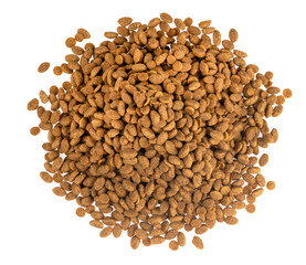 Food for animals isolated white background. Dry cat and dog food texture. Pet meal background close up