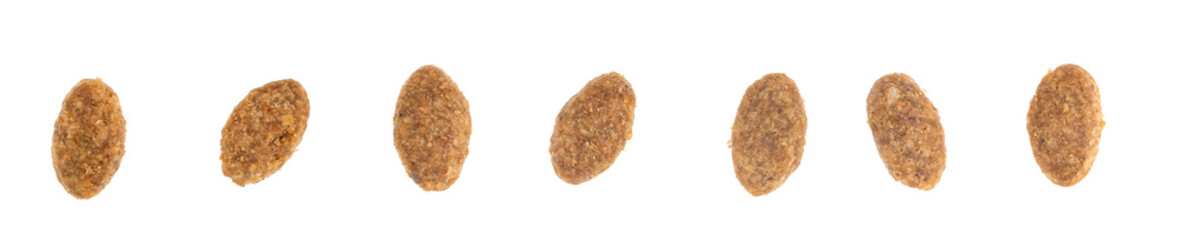 Food for animals isolated white background. Dry cat and dog food texture. Pet meal background close up