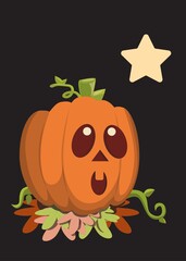 Curious Halloween pumpkin looking at a star illustration on black background
