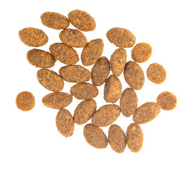 Food for animals isolated white background. Dry cat and dog food texture. Pet meal background close up