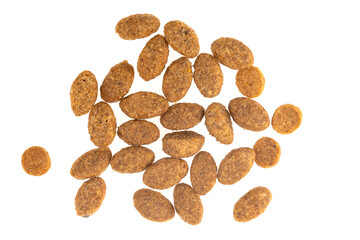 Food for animals isolated white background. Dry cat and dog food texture. Pet meal background close up