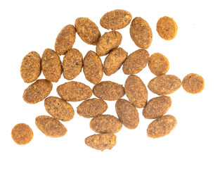 Food for animals isolated white background. Dry cat and dog food texture. Pet meal background close up