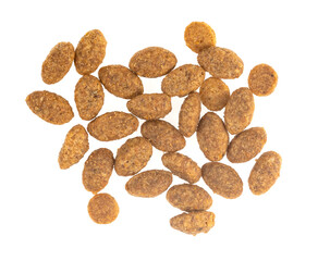 Food for animals isolated white background. Dry cat and dog food texture. Pet meal background close up