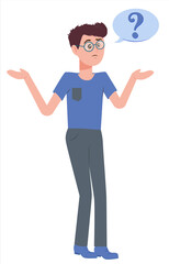 Man with question mark in think bubble. People thinking or solving problem. Pensive boy. Dilemma vector flat cartoon concept illustration isolated on white background.