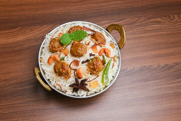 Veg biryani or soya biryani. Spicy Indian Malabar biryani or Hydrabadi biryani, Dum Biriyani, pulao, pulav, pilaf, basmati rice, spicy mixed rice dish with meat curry for Ramadan Kareem, Eid