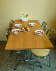 school kitchen canteen, set tables, canteen equipment, catering establishment