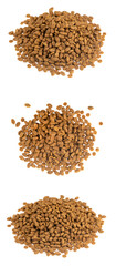Food for animals isolated white background. Dry cat and dog food texture. Pet meal background close up