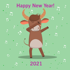 funny cute happy bull fun dancing. new year symbol of 2021. isolated image. Vector graphics.