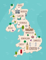 Cartoon map of United Kingdom. Travel illustration with british landmarks, buildings, food and plants. Funny tourist infographics. National symbols. Famous attractions. Vector illustration.