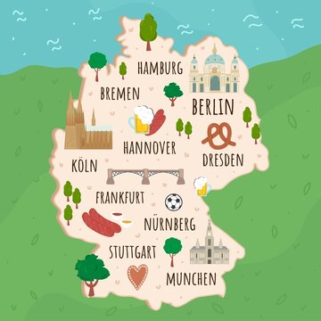 Cartoon map of Germany. Travel illustration with german landmarks, buildings, food and plants. Funny tourist infographics. National symbols. Famous attractions. Vector illustration