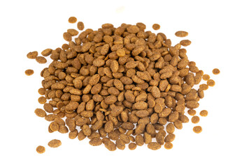 Food for animals isolated white background. Dry cat and dog food texture. Pet meal background close up