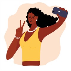 blogger making photo selfie for blog or vlog review. Cute brunette girl with smartphone camera. Golden earrings, beads, bracelet. Social media Vector cartoon illustration.