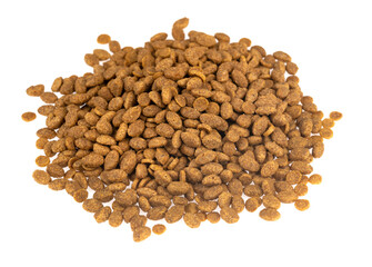 Food for animals isolated white background. Dry cat and dog food texture. Pet meal background close up