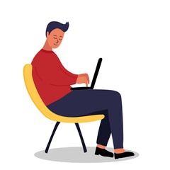 Man sits and works with laptop. Concept of online courses, e-learning, taking lesson, remote work. Blogging. Cartoon vector illustration